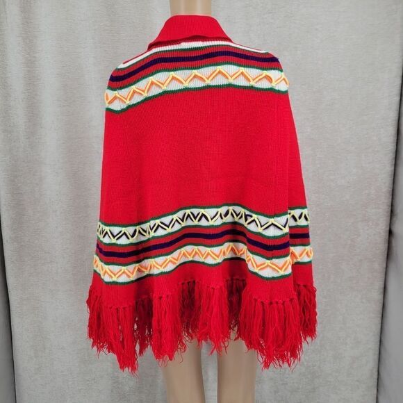 Vintage 70s Red Southwestern Knit Button Down Poncho Hippie Red - Picture 2 of 12